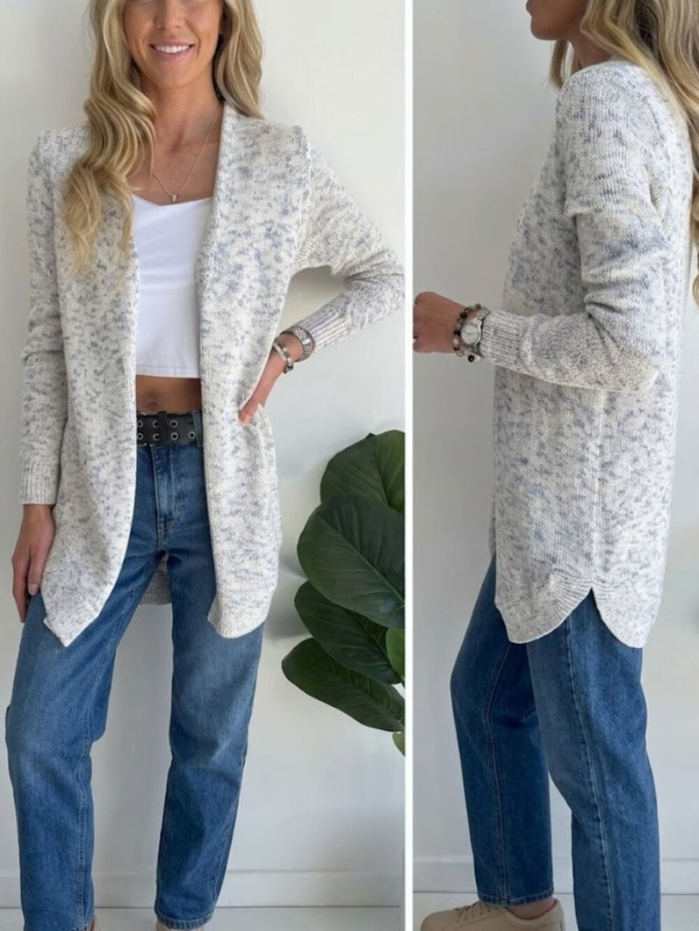 Loft Cotton Blend Marled Knit Open Longline Women's Cardigan Size Medium